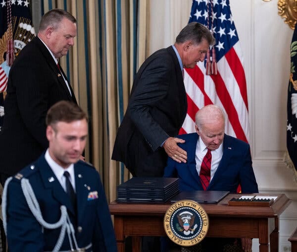 President Biden with Senators Joe Manchin III of West Virginia, center, and Jon Tester of Montana. Many Democratic officials and voters bear no ill will toward Mr. Biden, but would like a new face to lead the party.
