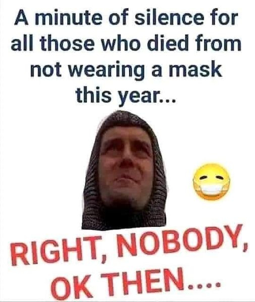 May be an image of 1 person and text that says 'A minute of silence for all those who died from not wearing a mask this year... RIGHT, NOBODY, OK THEN....'
