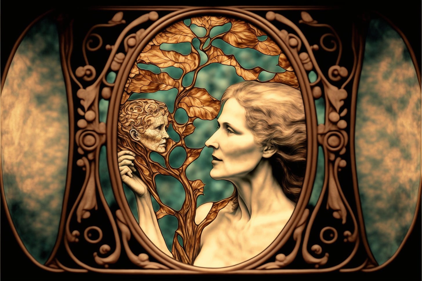 ornamental stained glass window: a middle-aged woman holding a doll's head in her hand that looks very youthful and very old at the same time