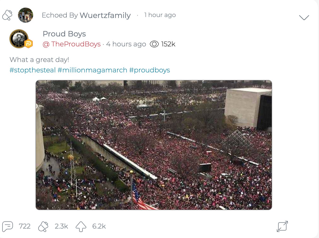 @WuertzFamily shares a post from The Proud Boys’ official Parler account celebrating the “Million MAGA March.” (Image: Parler screenshot.)