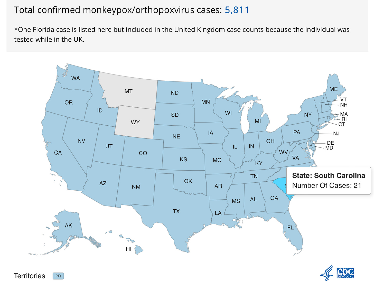 Centers for Disease Control and Prevention map of monkeypox cases. South Carolina has 21 cases and the U.S. as a whole has 5,811.