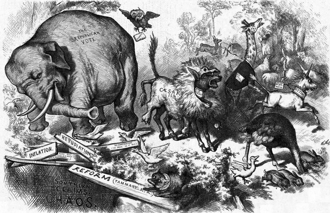 Harper's Weekly published a political cartoon by Thomas Nast today in 1874  that first symbolized the Republican party elephant. Now WE know em |