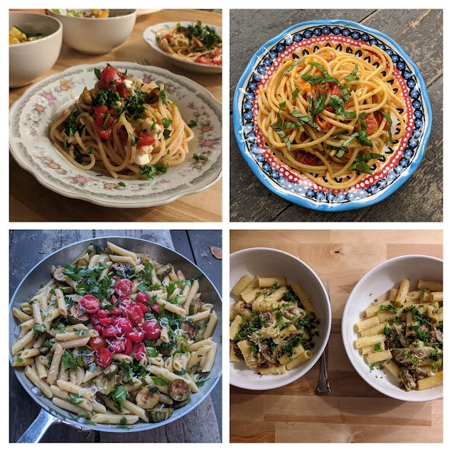 four photos of pasta