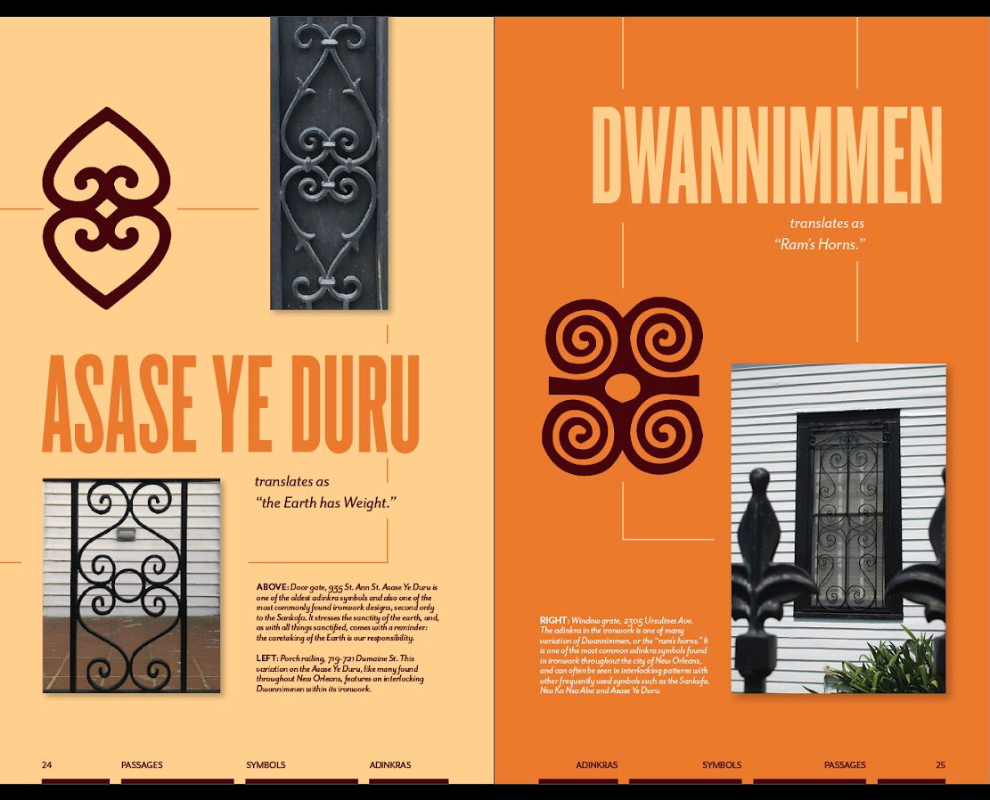 Infographic showing the adinkra symbols for asase ye duru ("the Earth has weight") and dwannimen ("ram's horns"). Images of the symbols are accompanied with images of ironwork that bears those symbols.