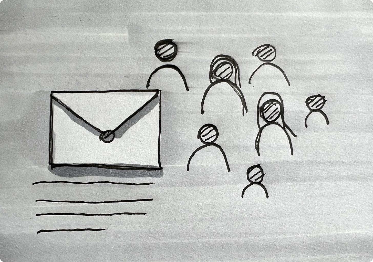 Drawing of a mail envelope with people next to it