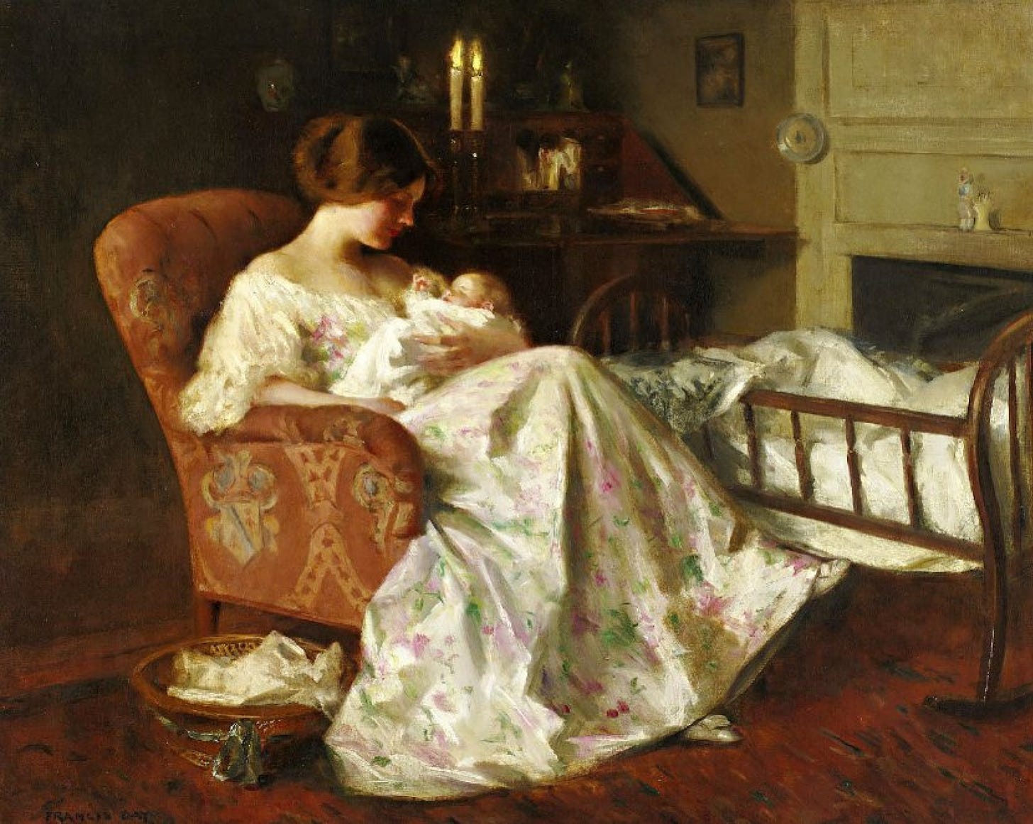 Edwardian painting of a young mother holding her sleeping baby while sitting in a chair.