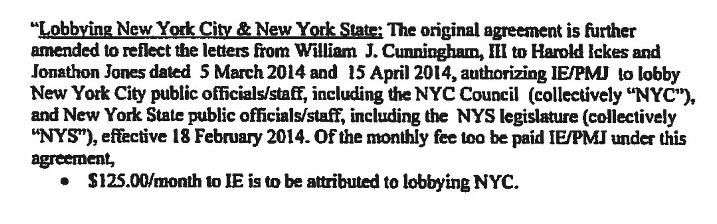 A screenshot from the registration agreement, showing that Ickes Enright will attribute $125 of their fee per month to lobbying New York City.