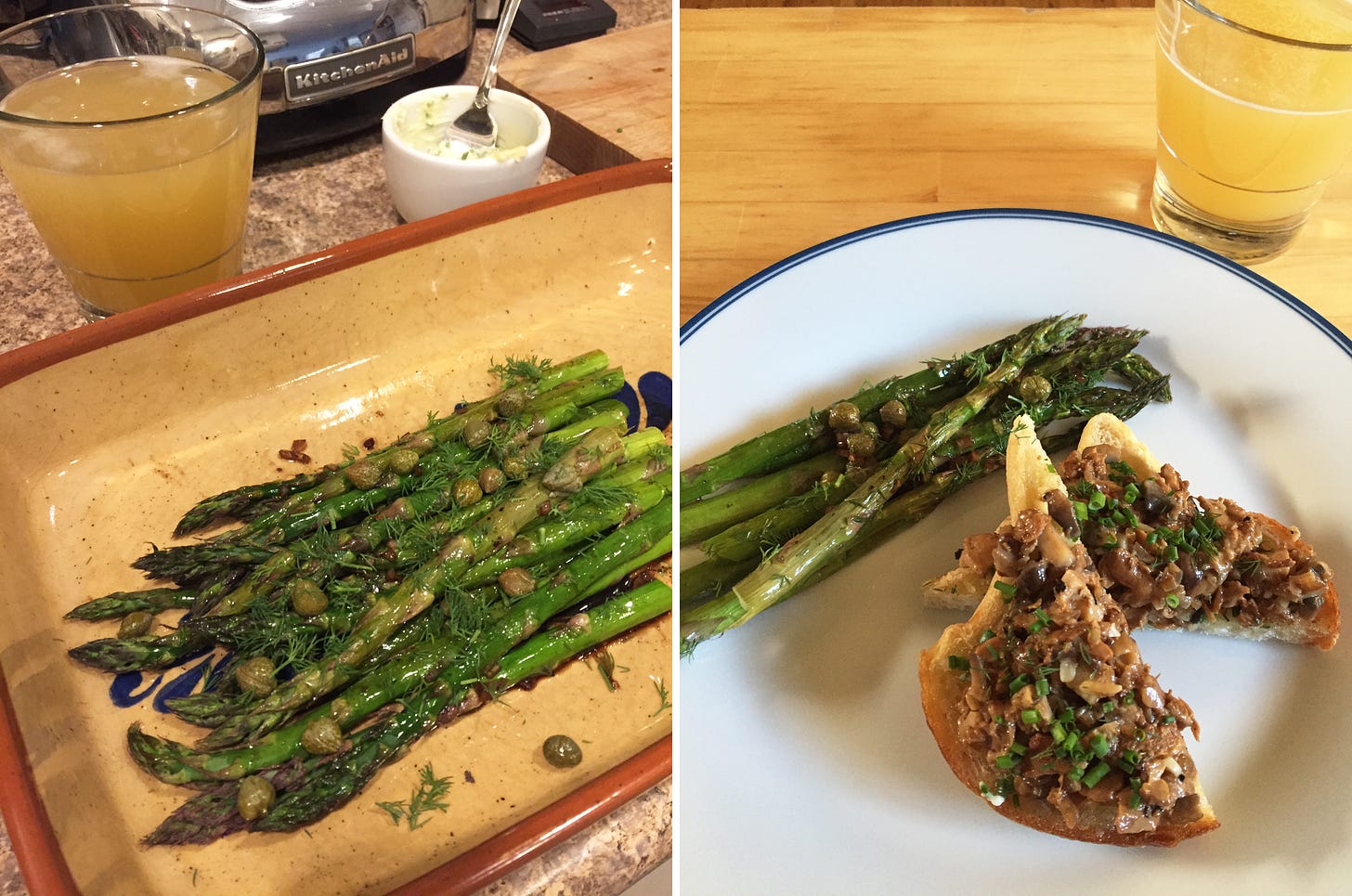 left: a serving dish of asparagus, with dill and capers arranged on top. A glass of beer and a dish of butter with chives in it are visible in the background. right image: a plate with chopped mushrooms and chives on toast arranged in front of a serving of asparagus. A glass of beer sits to the side of the plate.