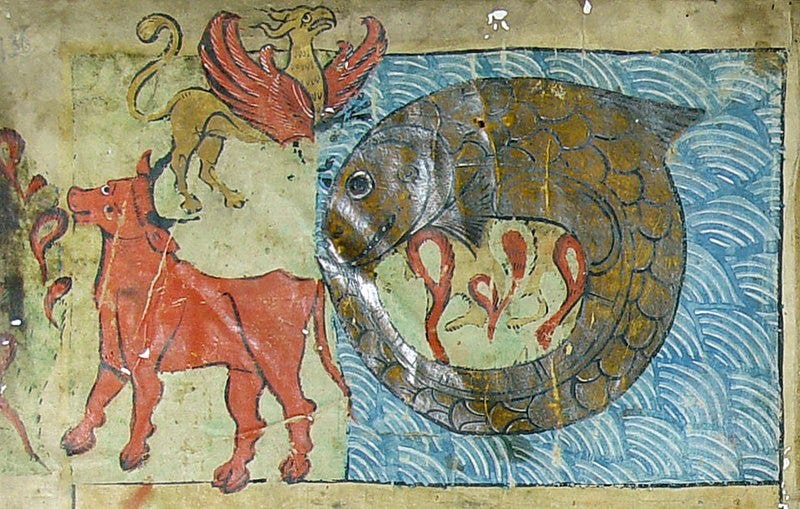 Leviathan, Behemoth and Ziz. Ambrosiana Bible, Ulm, 1238 - Biblioteca Ambrosiana B 30, B 31, B 32