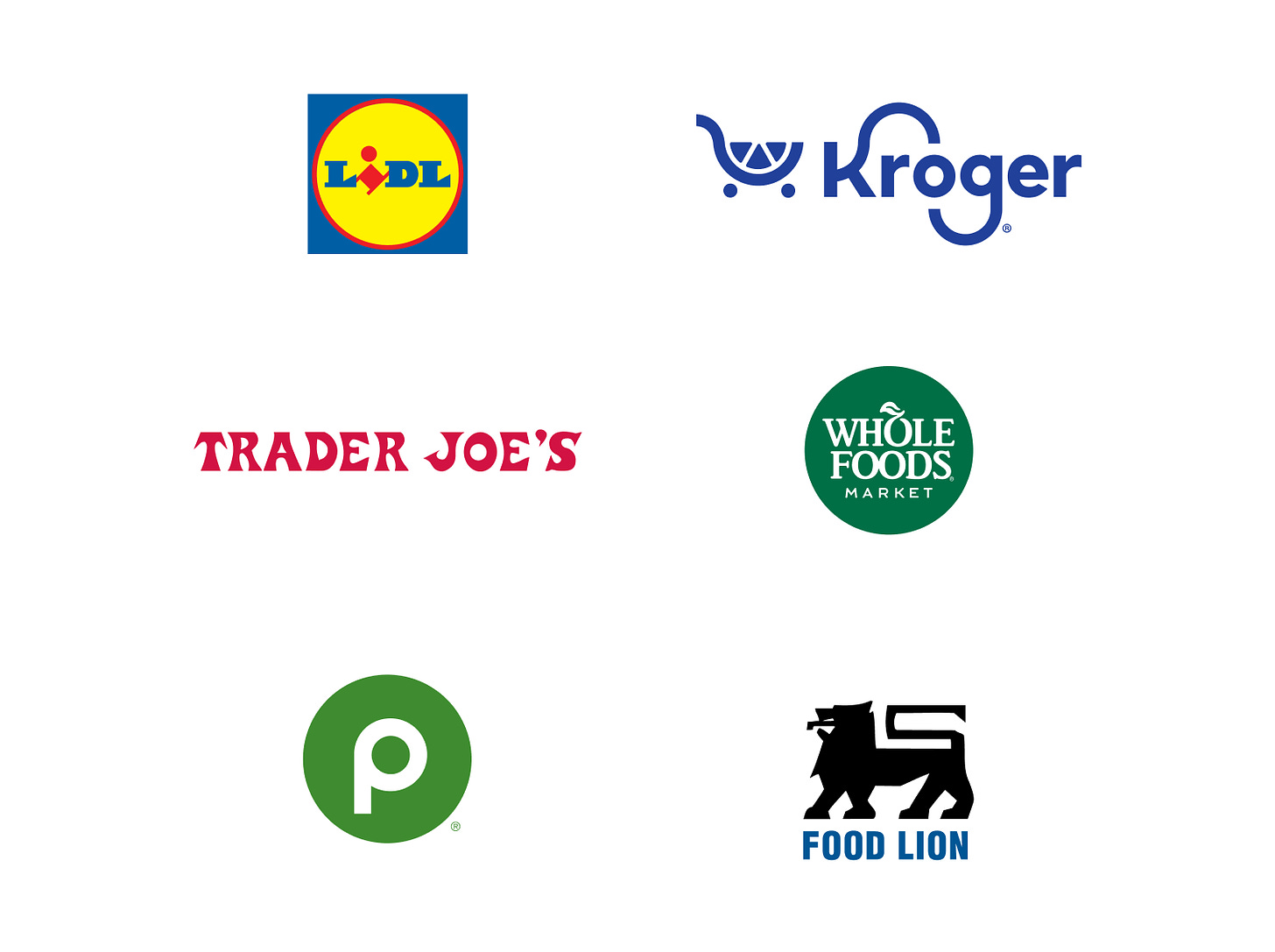 Logos of Lidl, Kroger, Trader Joe’s, Whole Foods, Publix, Food Lion