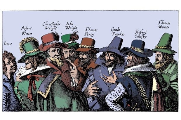 Guy Fawkes and the men behind the gunpowder plot. Guy Fawkes, best known of the conspirators, is third from the right. (Print Collector/Getty Images)
