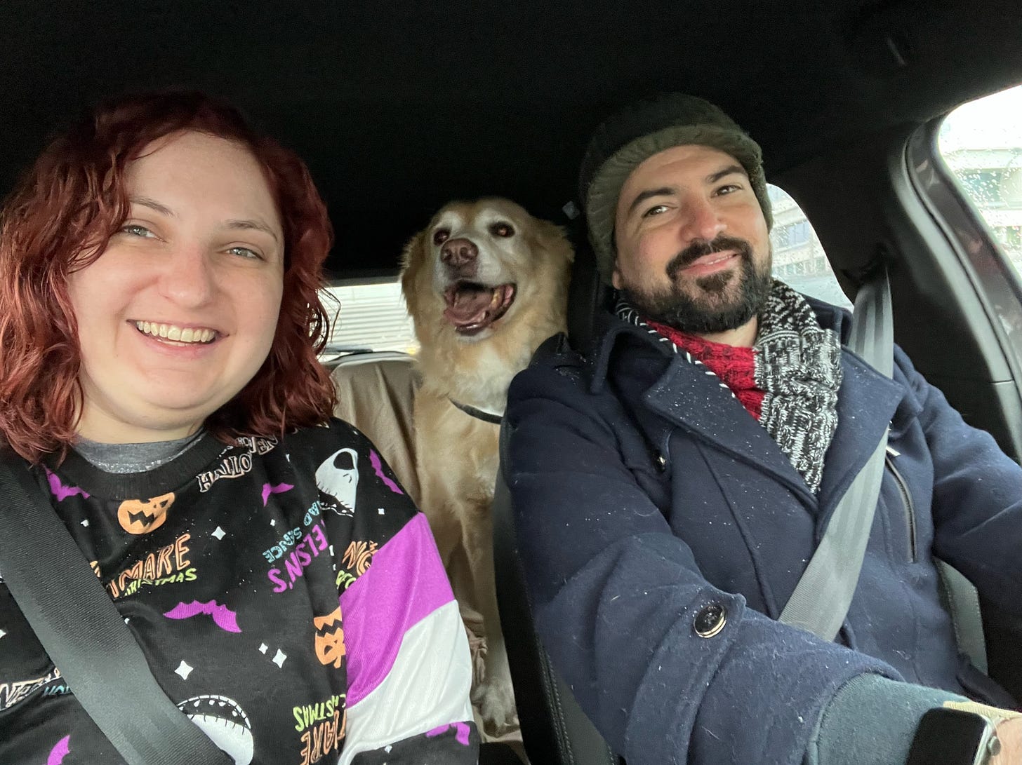 Kristy, Joel, and our dog Strider in the car.
