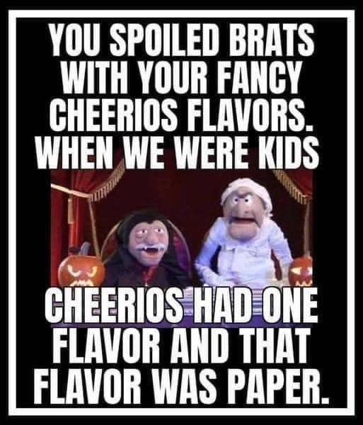 May be an image of 2 people and text that says 'YOU SPOILED BRATS WITH YOUR FANCY CHEERIOS FLAVORS. WHEN WE WERE KIDS CHEERIOS HAD ONE FLAVOR AND THAT FLAVOR WAS PAPER.'