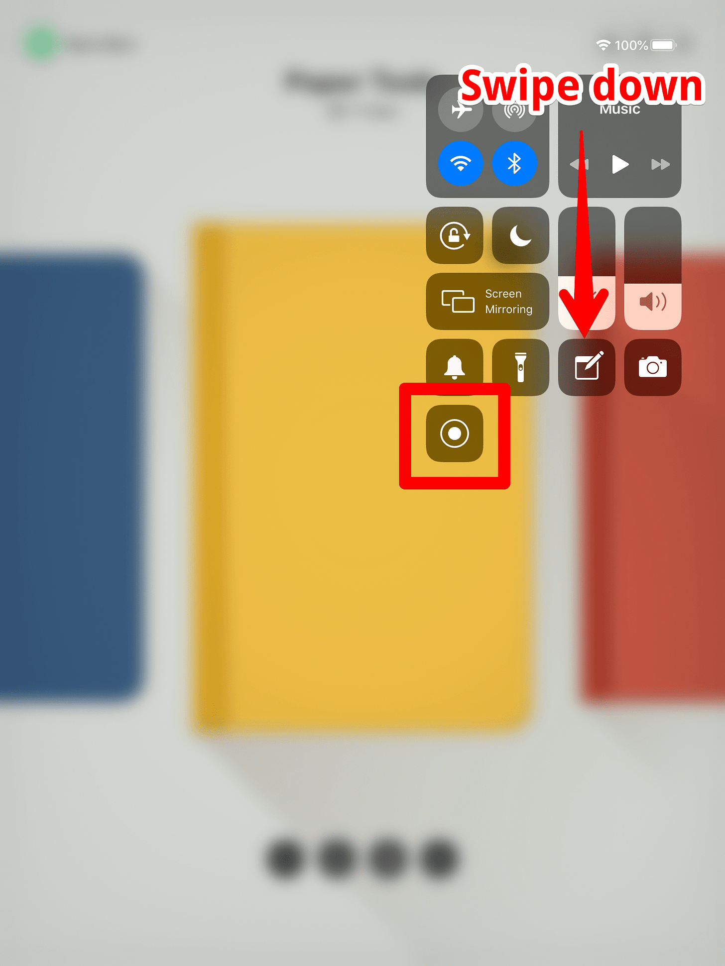 Swipe from top right on Ipad to get to control center and find Recroding button