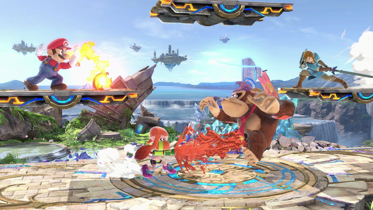 Mario, Inkling girl, Donkey Kong and Link fighting in Super Smash Bros. Ultimate.