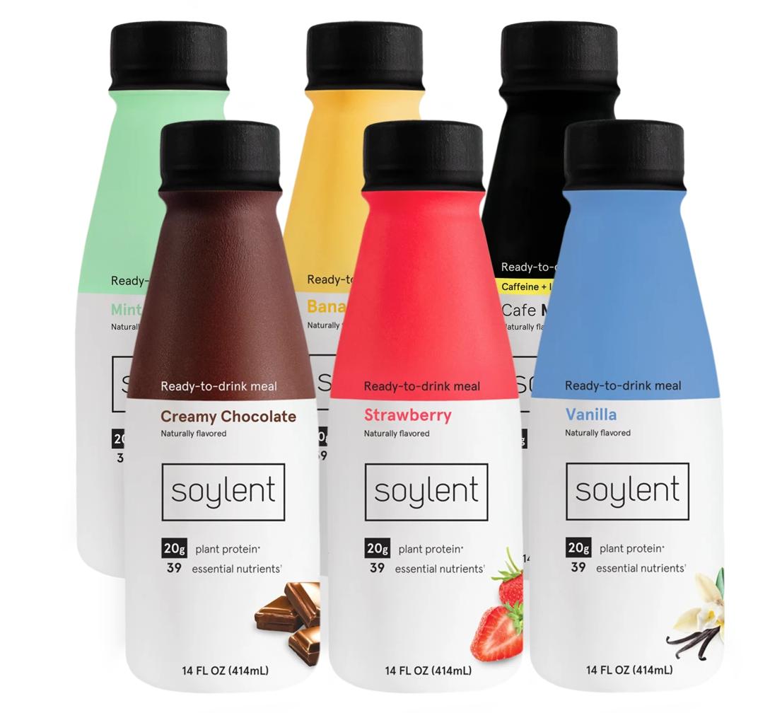 Six bottles of Soylent, all of different flavors, in a 3x2 arrangement