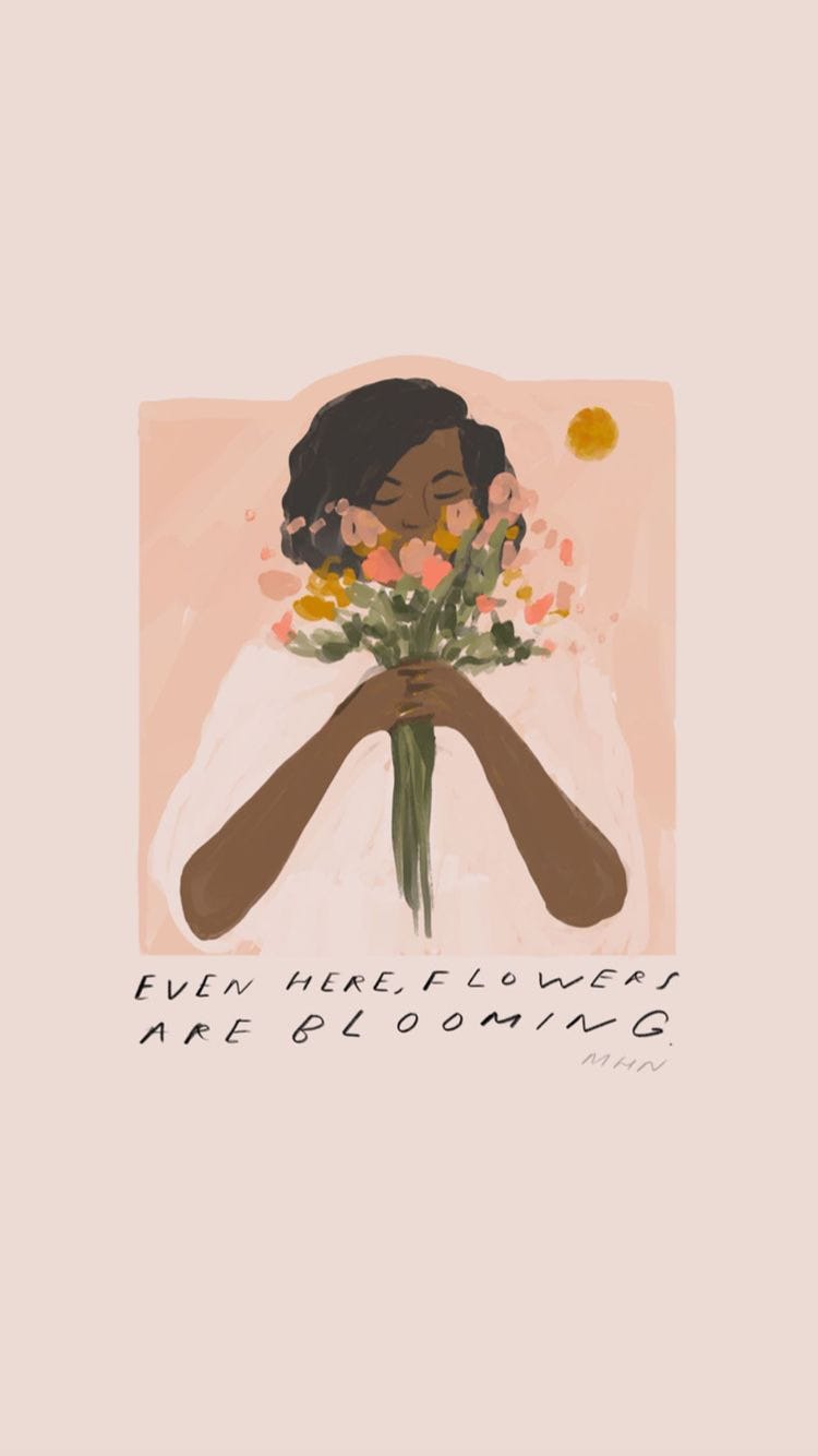 Painting of a beautiful Black woman smelling a bouquet of flowers on a pale peach background