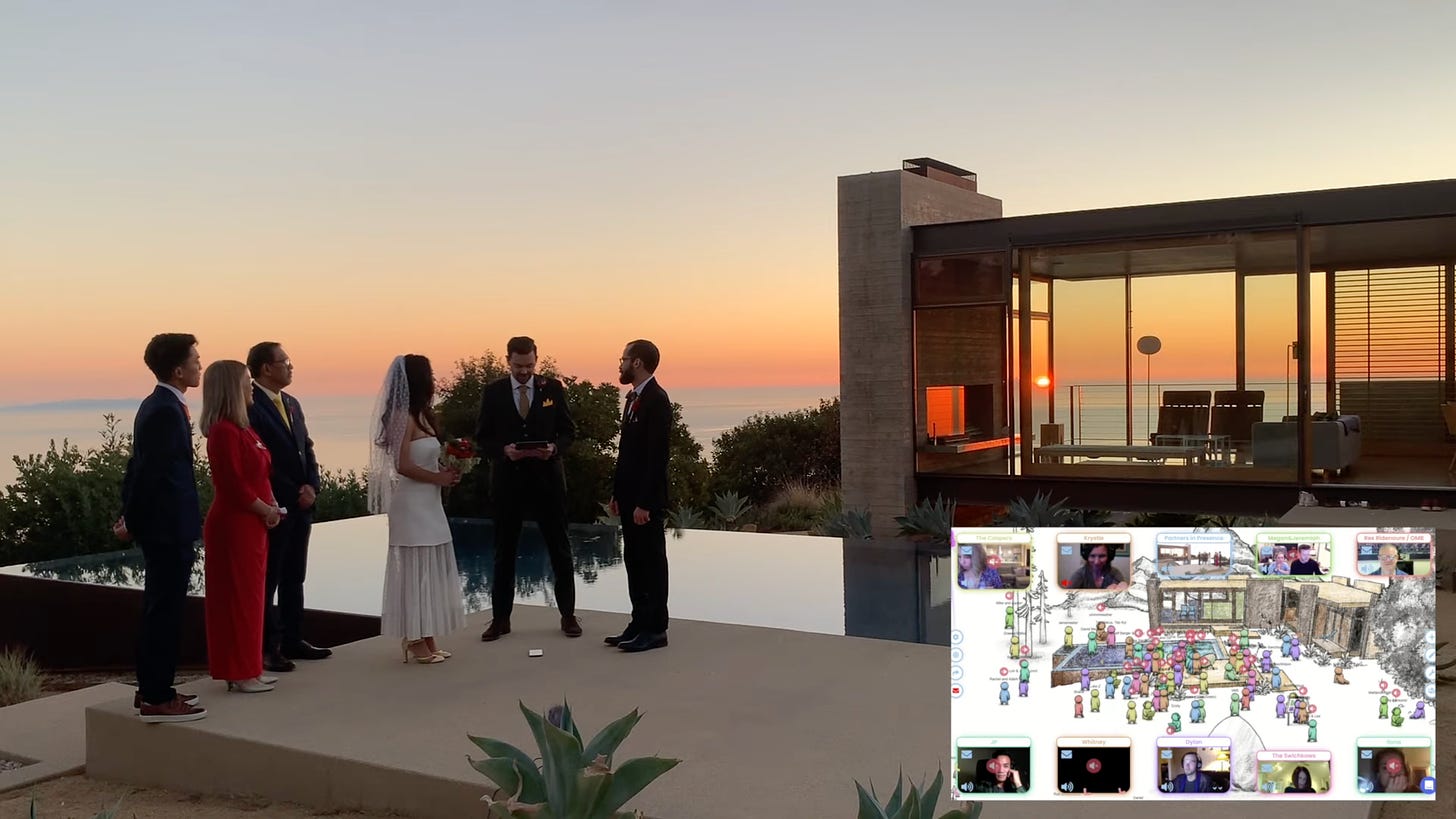 A screenshot of the couple’s Topia wedding, with six people standing around a pool near a Modernist-looking home and a beautiful sunset over the Pacific Ocean. Inset, a small box of Topia shows lots of Avatars at a drawn version of the same scene.