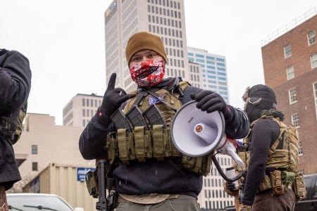 Henry Hoeft, also known as "Henry Locke," at a Boogaloo Bois rally in 2021 at the Ohio Statehouse.