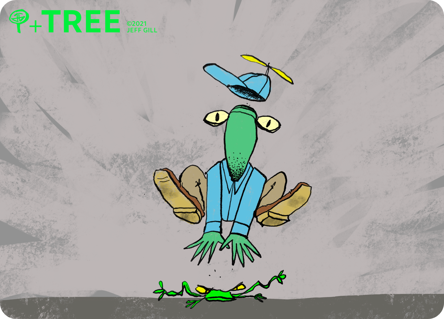 An impassive frog-like humanoid wearing khaki trousers, a blue button-up shirt and a blue baseball cap with a propeller on top leapfrogs over an actual frog, smashing the frog into the road. The frog is not happy.