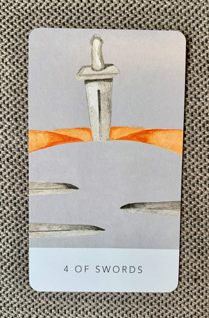 4 of swords: one sword is poking into a red and gray landscape while on the front of the landscape three swords point at each other