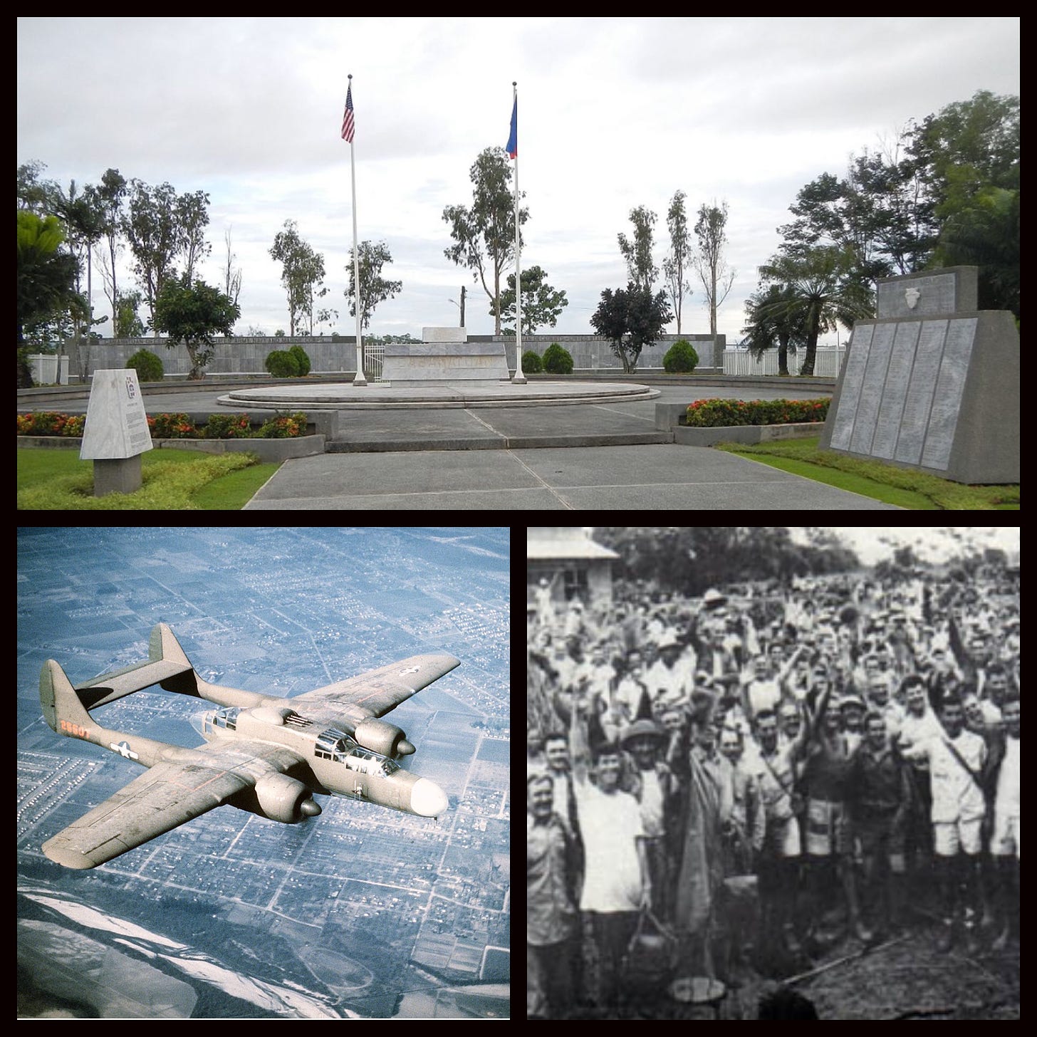 A collage of three pictures: (1) Memorial outside the camp where POWs were held; (2) black and white photo of POWs celebrating after they are rescued; and (3) A P-61 Black Widow similar to the one that was used as a distraction. 