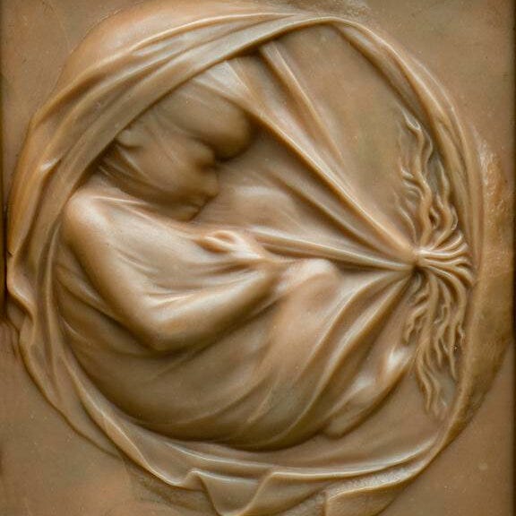 wassen afbeelding van een foetus in de buik, met rechts afgebeeld de moederkoek. De kleur is bruingrijs