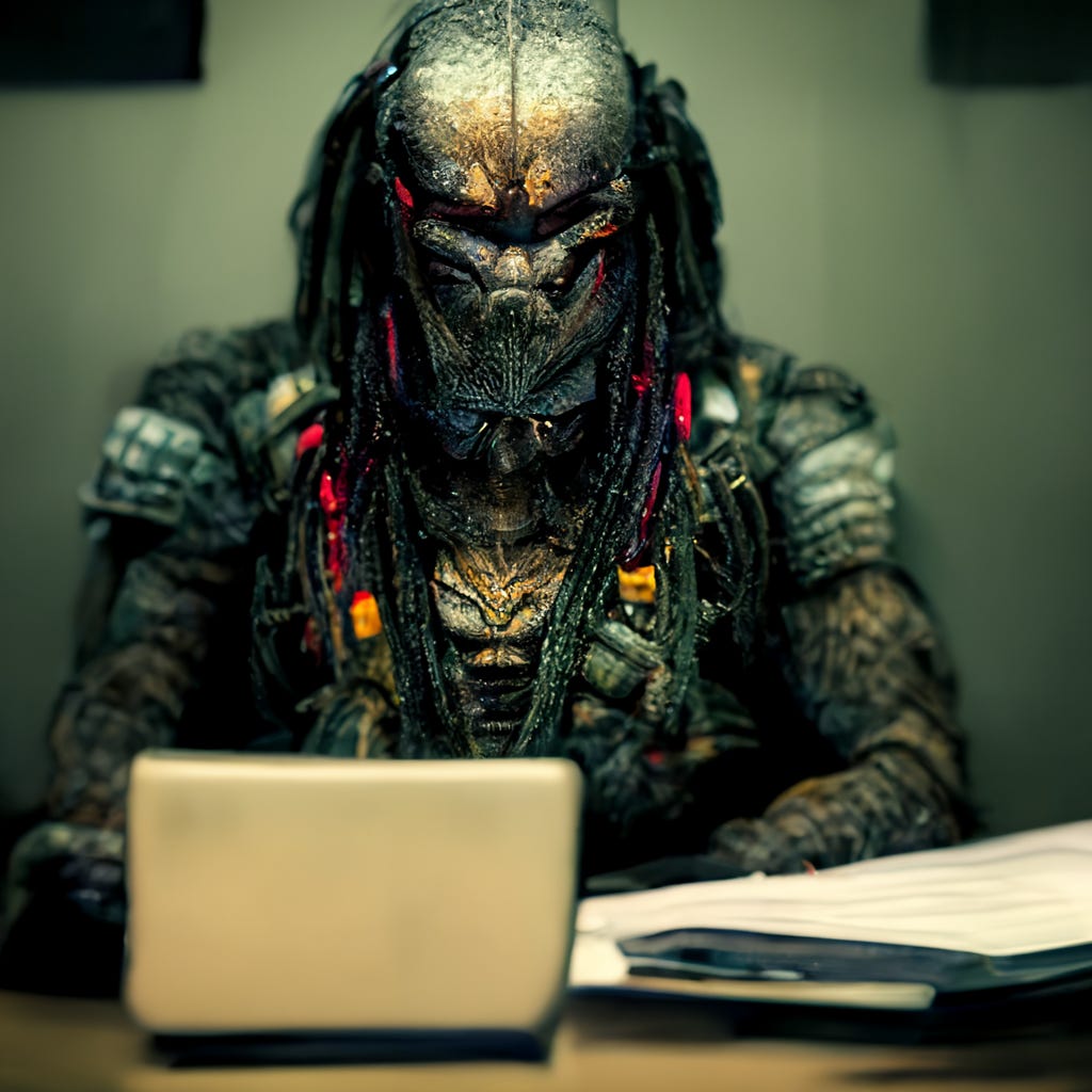 Predator working in an office sitting in a cubicle typing on a laptop, photo realistic, 8K