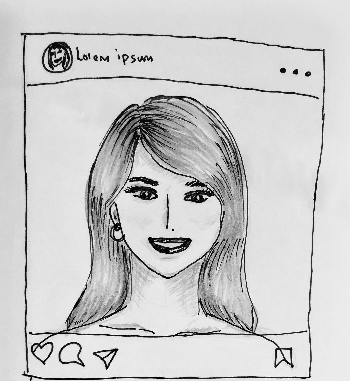 ink and pencil drawing of a woman's photo on social media