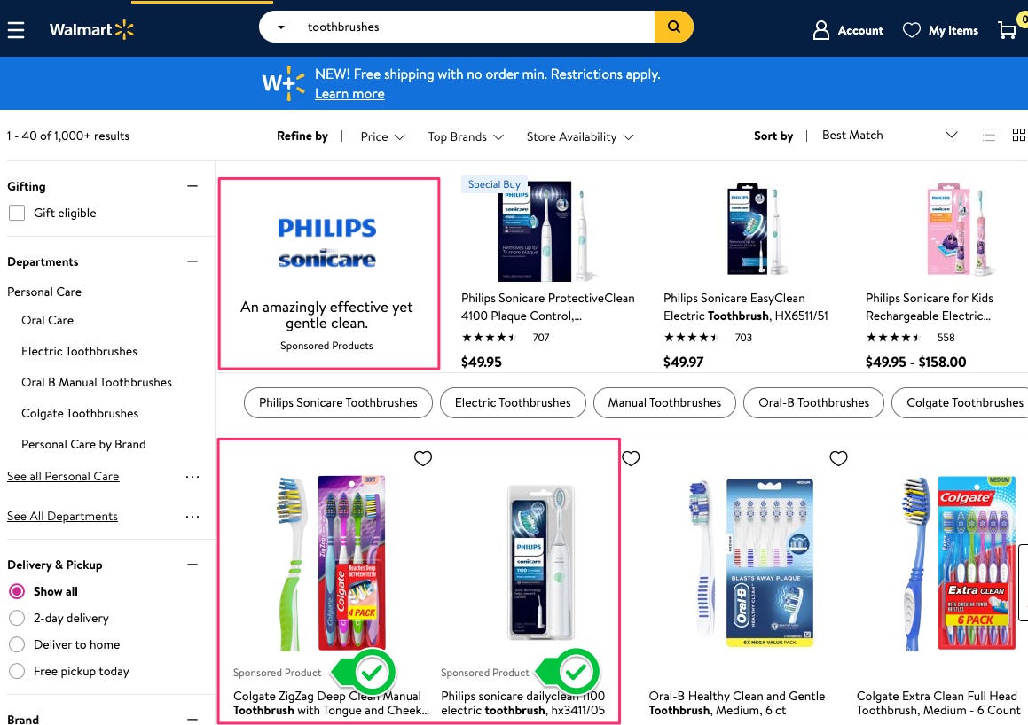 Screenshot of Walmart.com search landing page. When a user searches for “toothbrushes” on Walmart.com, the first results are “Sponsored Product” listings.