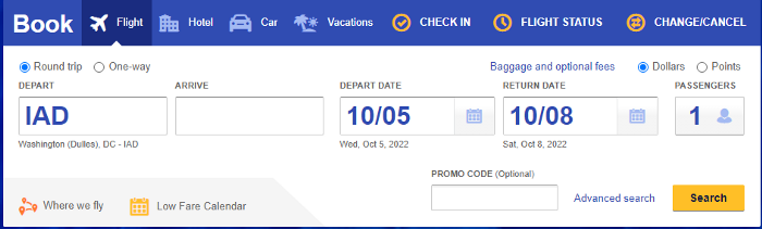 The home page of Southwest.com shows booking defaults based on location, today’s date, the return date of the average trip, how many passengers, as well as things like roundtrip/one-way.