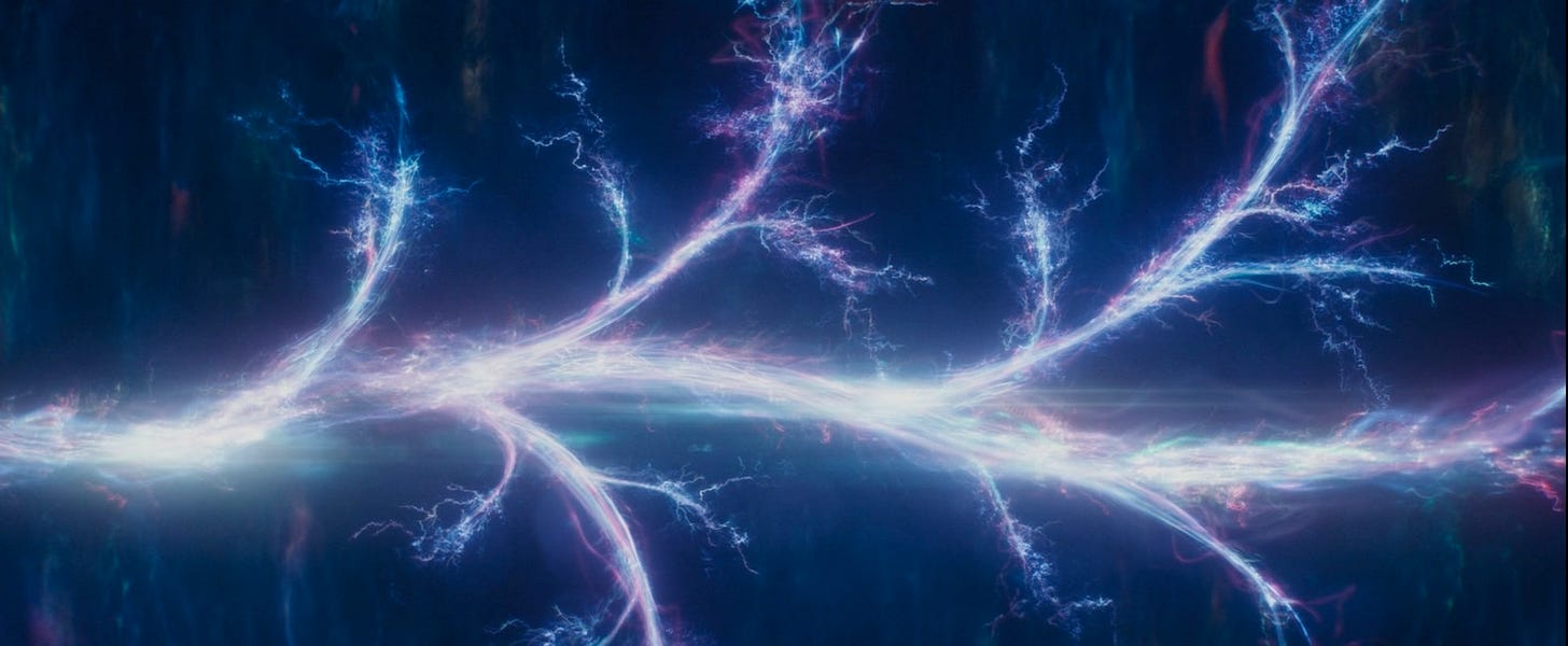 Colourful lines branch off from one another, representing different branching timelines, from the Loki TV show