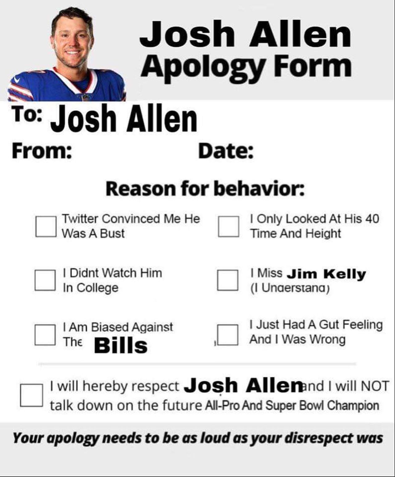 Bills QB Josh Allen has apology form making rounds on social media (Pass it  on) - syracuse.com