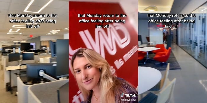 mujer de la oficina vacía (l&r) frente al logotipo de CNN+ (c) todo con la leyenda "ese lunes vuelve a la oficina sintiéndose después de haber sido despedido"
