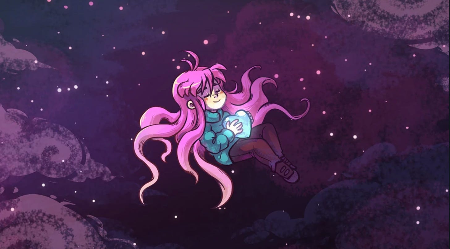 Madeline at the end of chapter 8.  Her hair is purple and she floats in a spacy background while holding a blue crystal heart.  Her eyes are closed and she has a small, content smile.  She is wearing her blue winter jacket and brown pants that are tinted slightly purple by the background.