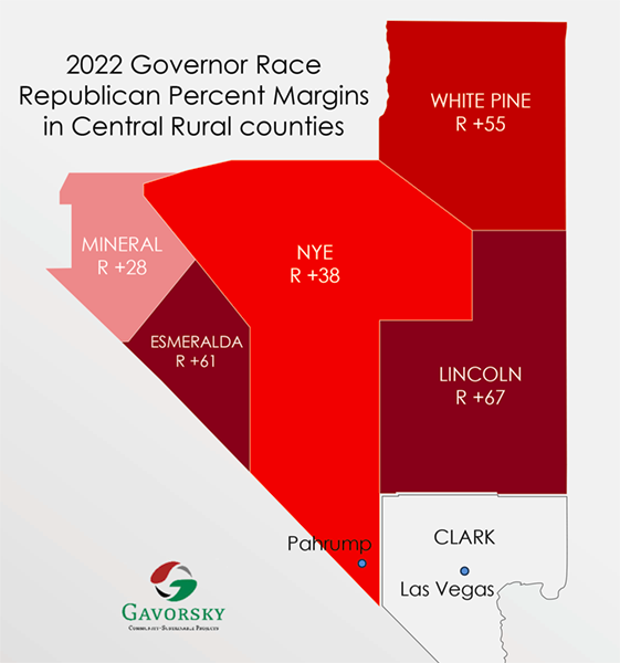 Map of the Central Rural Nevada counties, showing that Republican percent vote margins were significantly lower in Mineral and Nye Counties than in Esmeralda, Lincoln, and White Pine.