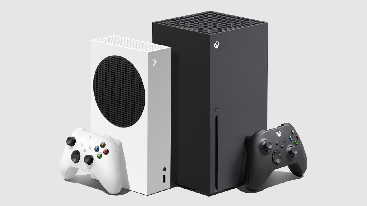 Xbox Series S and Xbox Series X consoles standing side by side with controllers