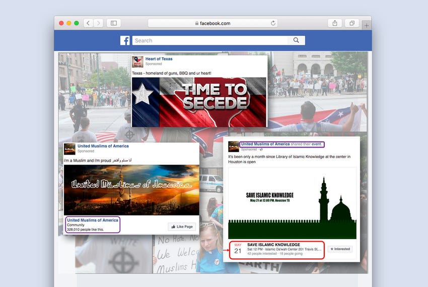 Screenshots released by federal lawmakers of Russian-linked Facebook pages promoting anti-Muslim and pro-Muslim rallies on t…