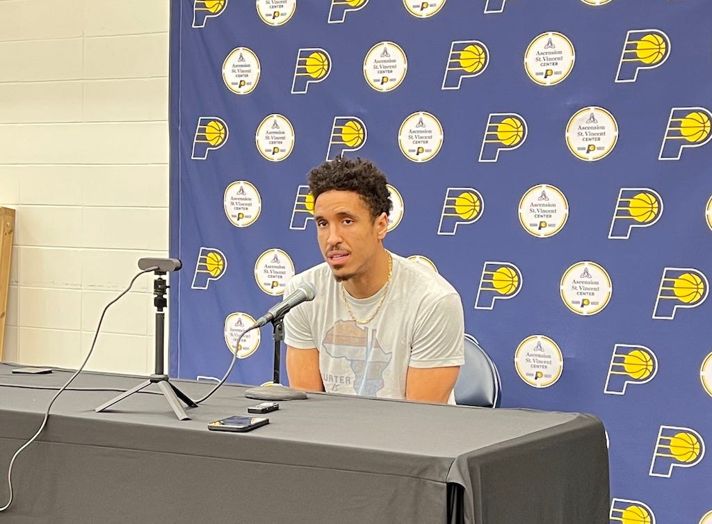 Pacers guard Malcolm Brogdon answers questions from the media after the season.