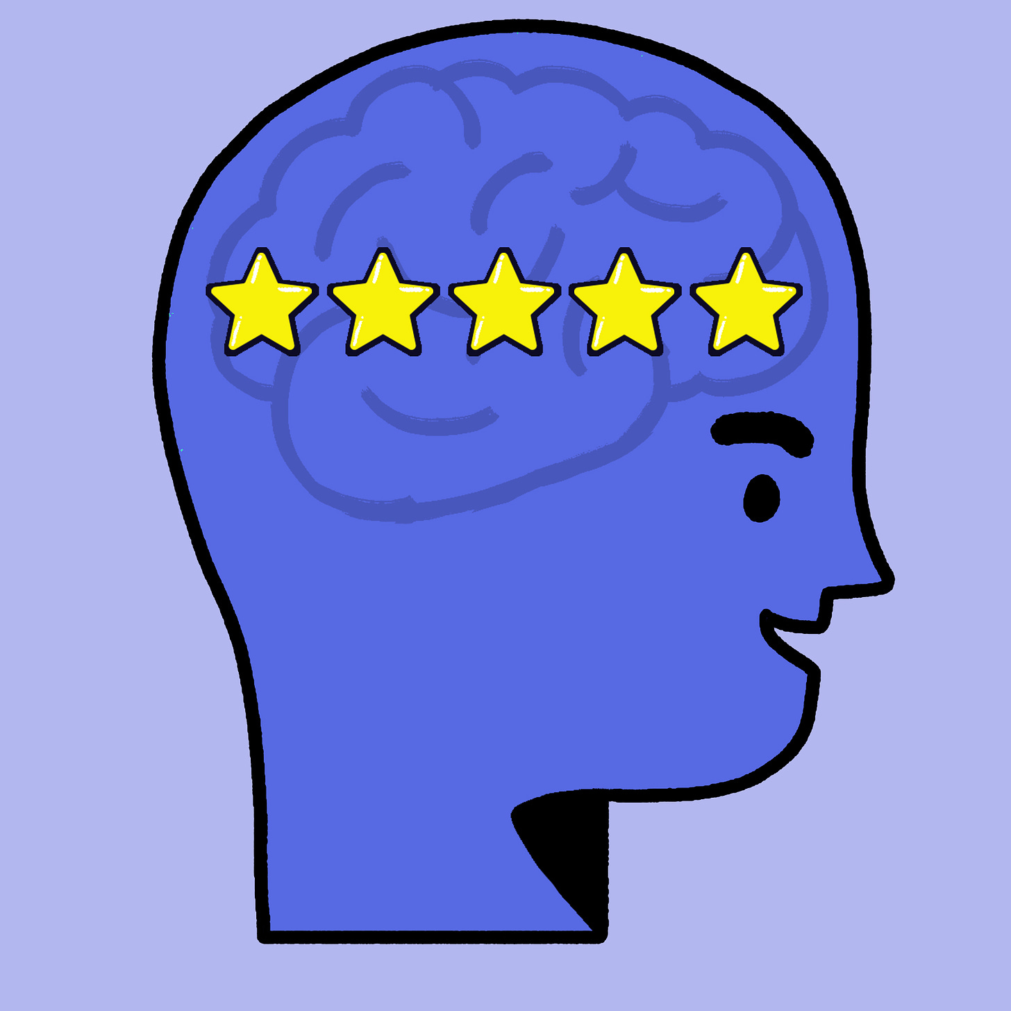 Ilustración de una cabeza humana de color azul donde se ve un cerebro con cinco estrellas amarilla y una medio sonrisa