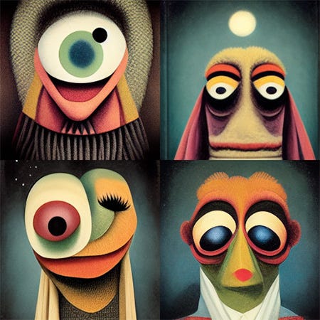 An image generated by the AI Midjourney with the prompt “/imagine the muppets stay up all night by man ray”