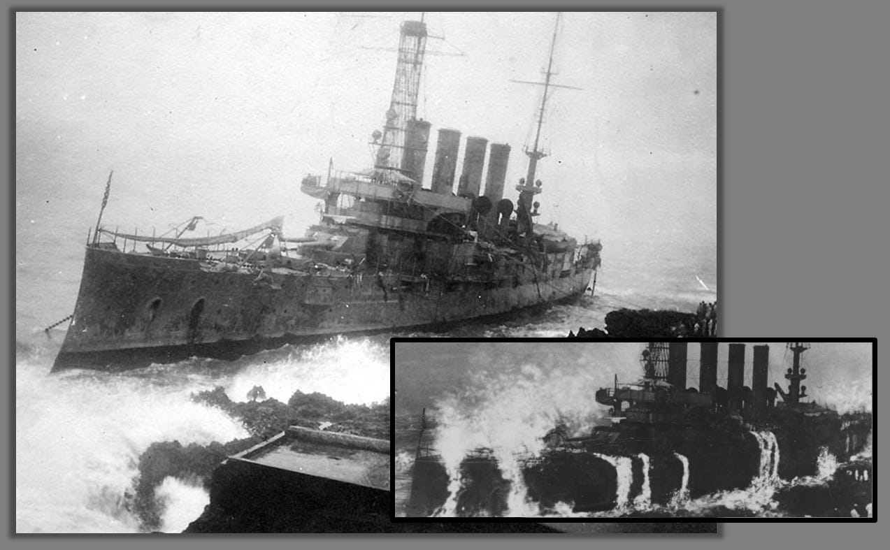 Photographs of USS Memphis after the massive tidal wave had slammed into her.