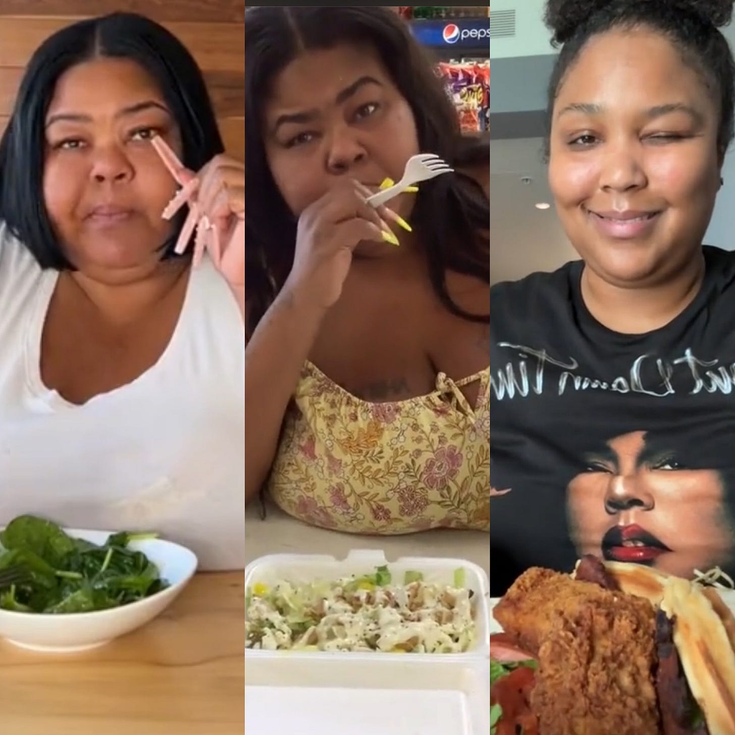 split shot of Tanisha Godrey who created the viral TikTok sound it's a chicken salad and Lizzo who used the sound in one of her videos