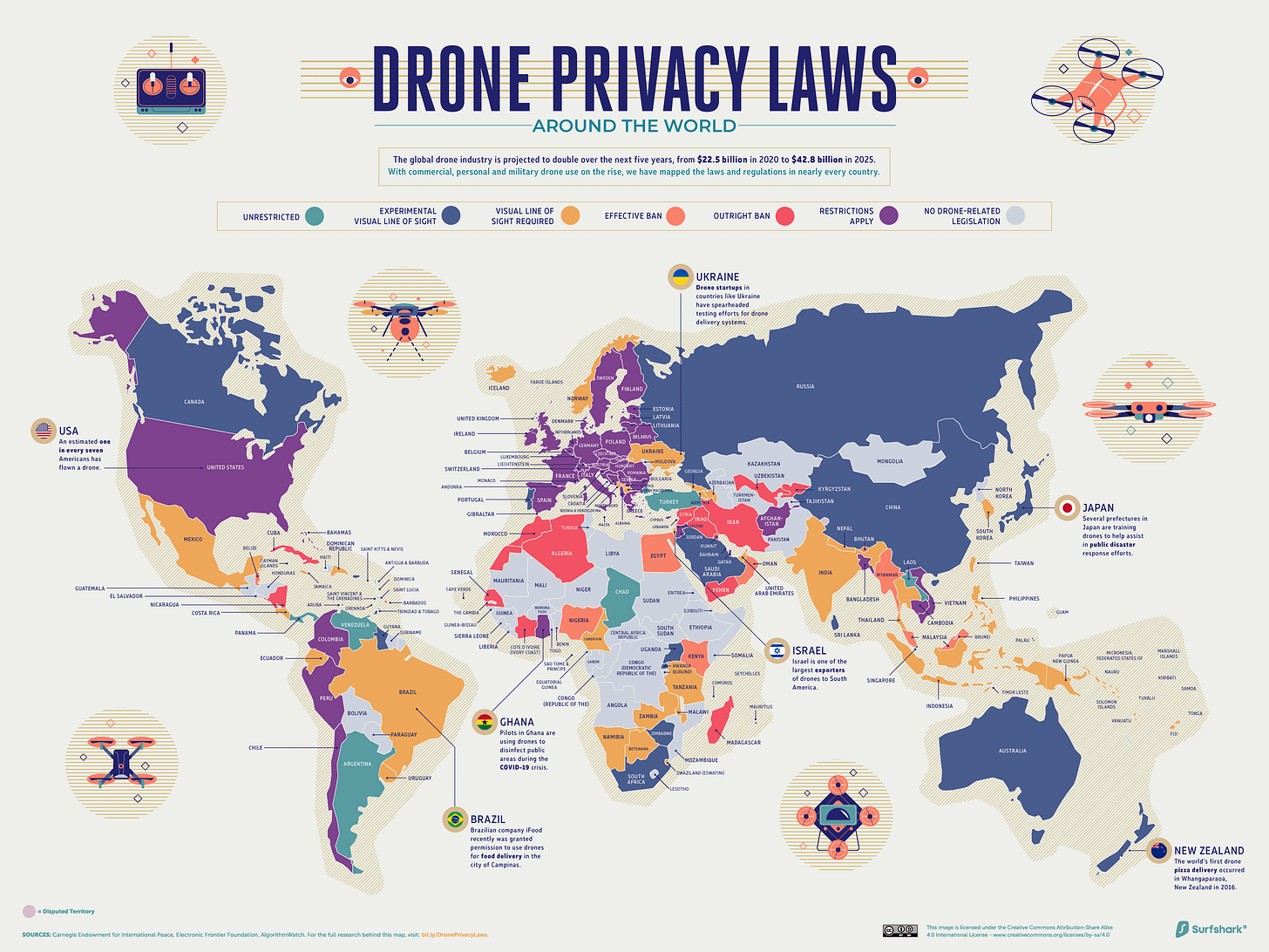 World map of drone privacy laws. It varies a lot from country to country