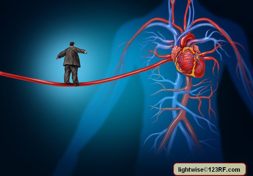 Risk factors for heart disease danger as a medical health care lifestyle concept with an overweight person walking on an elongated artery Copyright: lightwise / 123RF Stock Photo lightwise©123RF.com