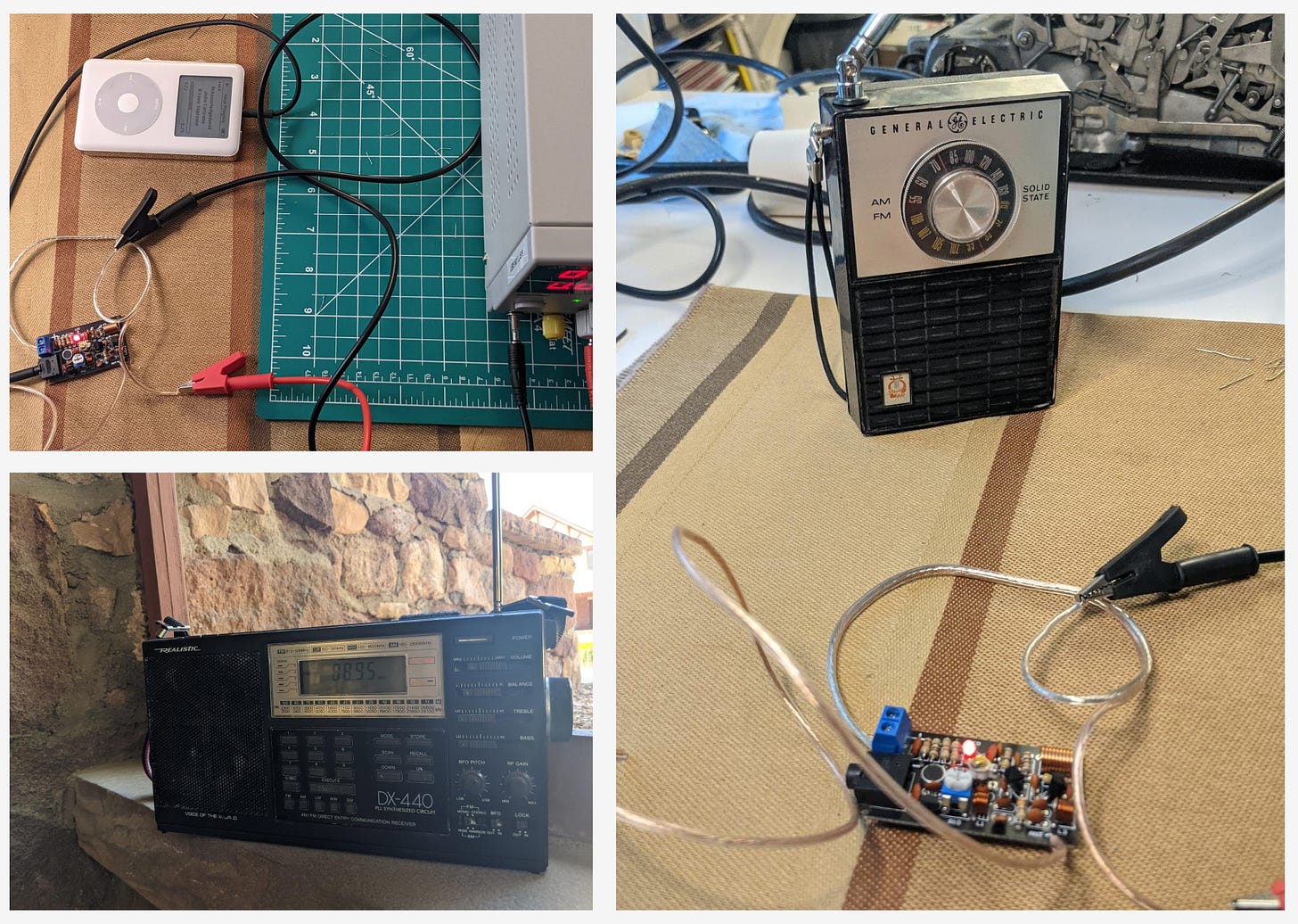 3 images - top left: GE transistor radio, fm radio transmitter, bottom left: DX-440 Shortwave Radio on a stone ledge, right: an ipod, a power supply, and an fm radio transmitter-on-a-board all wired together on a cutting mat