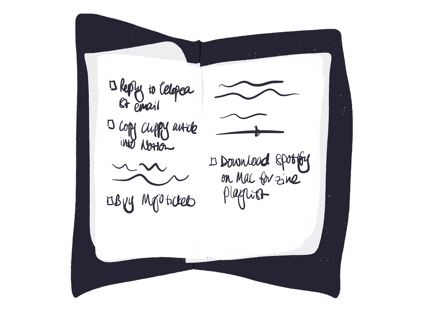Drawing of a notebook, with tasks hand-written on it