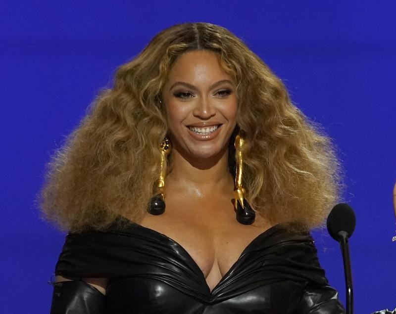 FILE - Beyonce appears at the 63rd annual Grammy Awards in Los Angeles on March 14, 2021. Beyoncé is nominated for nine Grammy Awards, including record and song of the year for “Break My Soul” along with album of the year with “Renaissance." (AP Photo/Chris Pizzello, File)