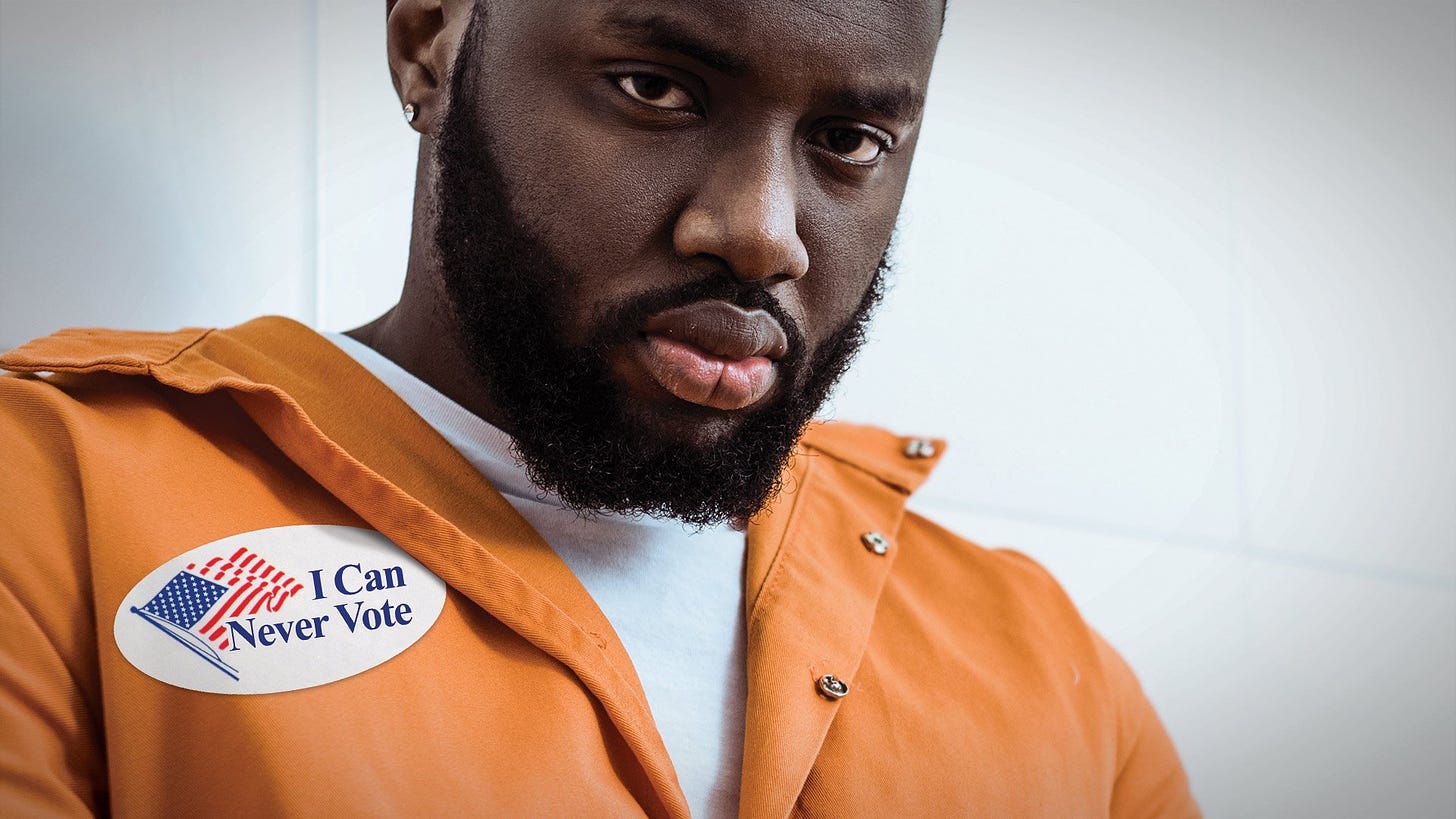 Incarcerated person with "I can never vote" sticker