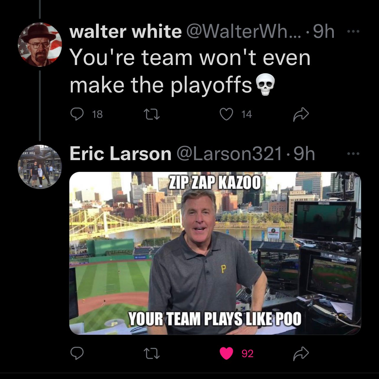 A screenshot of a Tweet exchange in which one user writes your team wont even make the playoffs to which the reply is an image of Greg Brown saying Zip Zap Kazoo Your Team Plays Like Poo